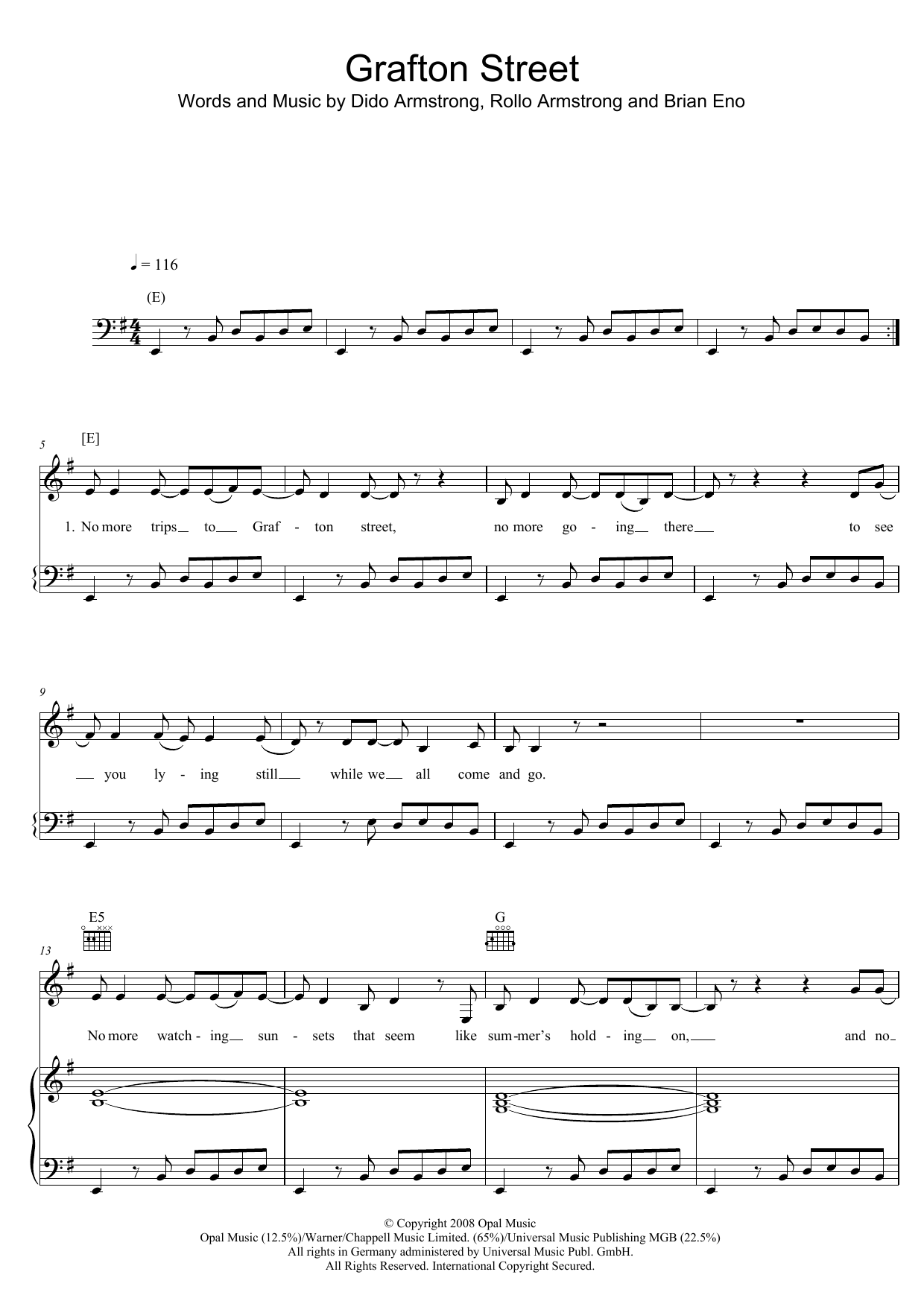 Dido Grafton Street sheet music notes and chords arranged for Piano, Vocal & Guitar Chords (Right-Hand Melody)