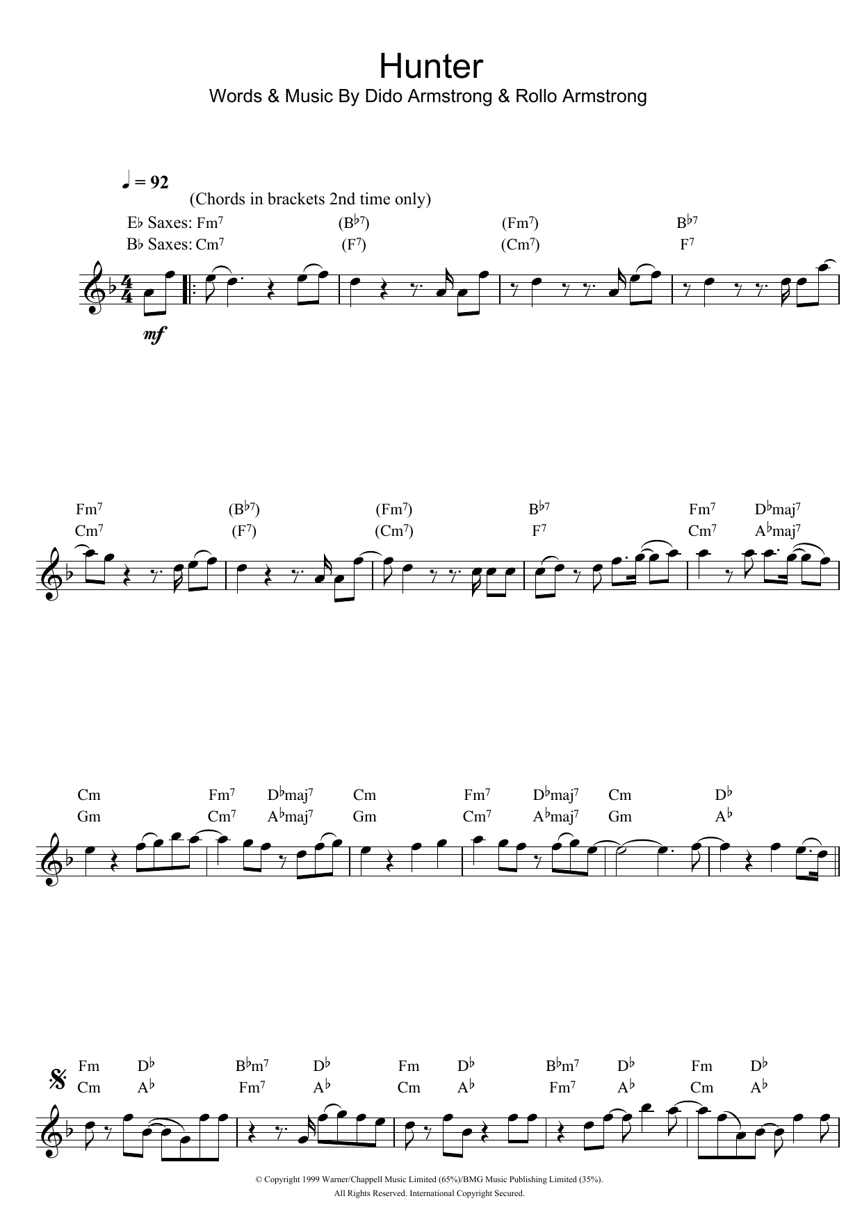 Dido Hunter sheet music notes and chords arranged for Clarinet Solo
