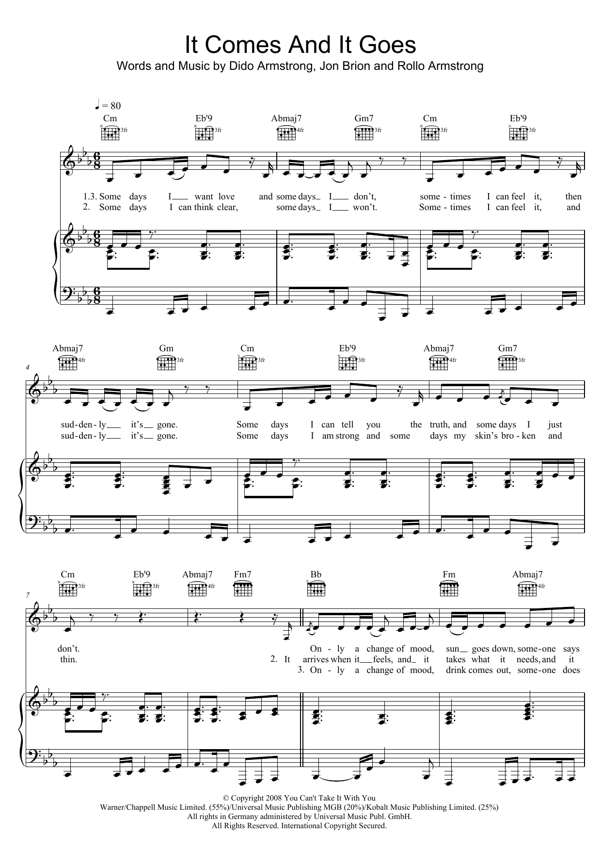 Dido It Comes And It Goes sheet music notes and chords arranged for Piano, Vocal & Guitar Chords (Right-Hand Melody)