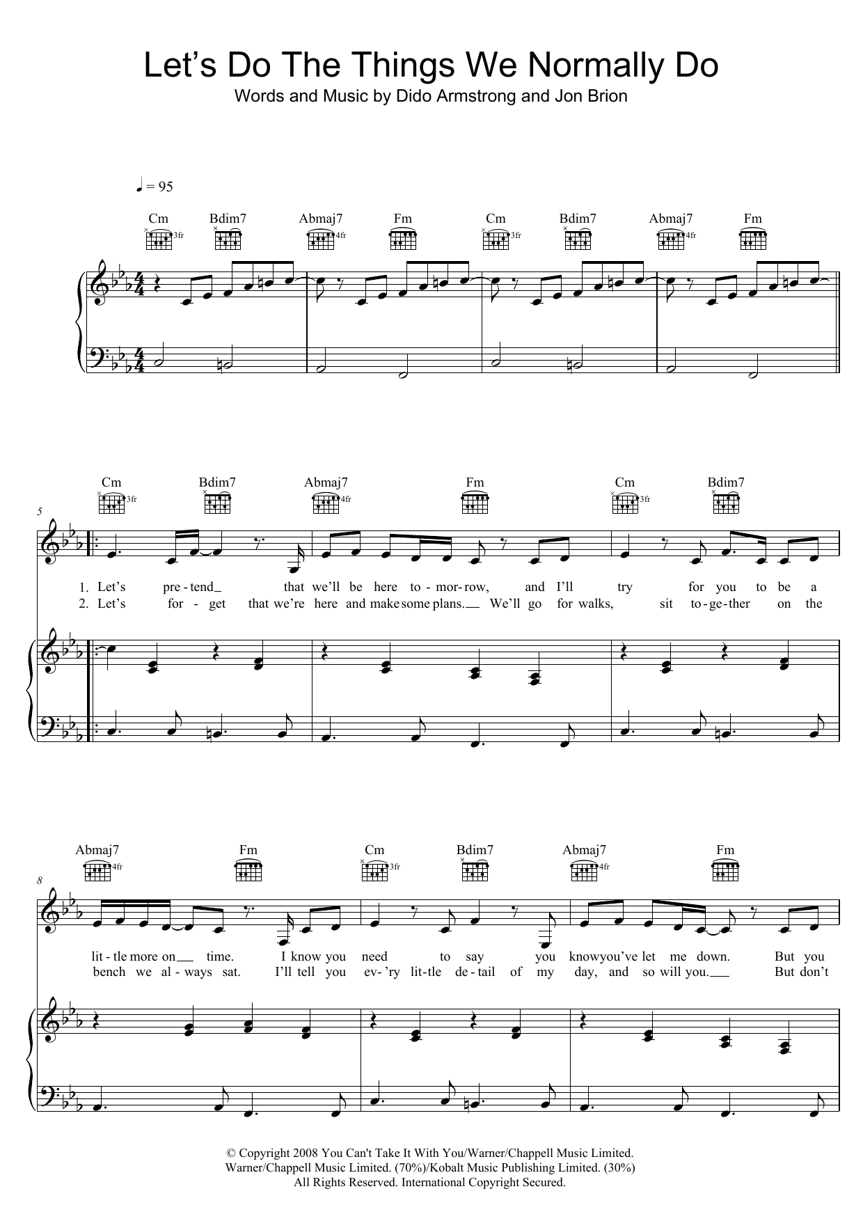Dido Let's Do The Things We Normally Do sheet music notes and chords arranged for Piano, Vocal & Guitar Chords (Right-Hand Melody)