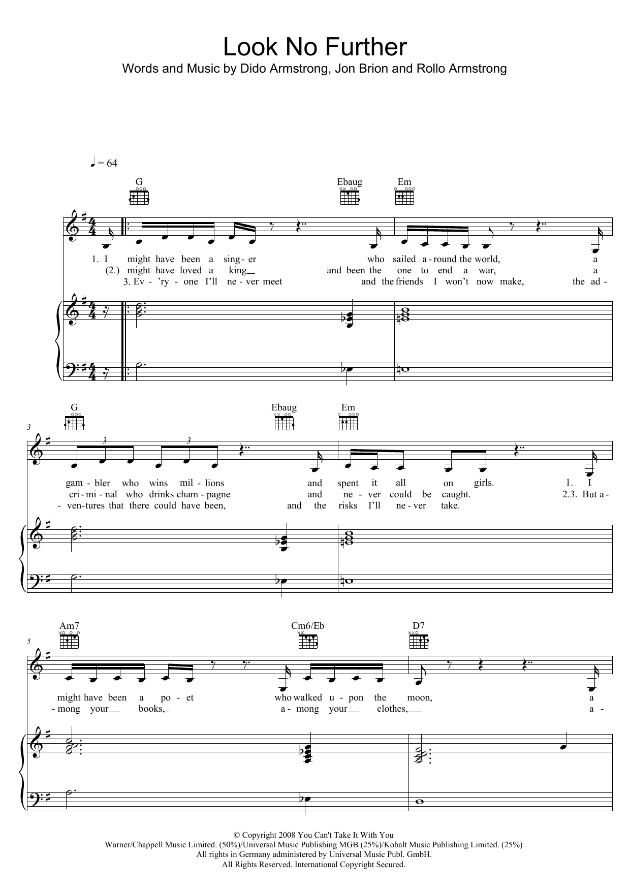 Dido Look No Further sheet music notes and chords arranged for Piano, Vocal & Guitar Chords (Right-Hand Melody)