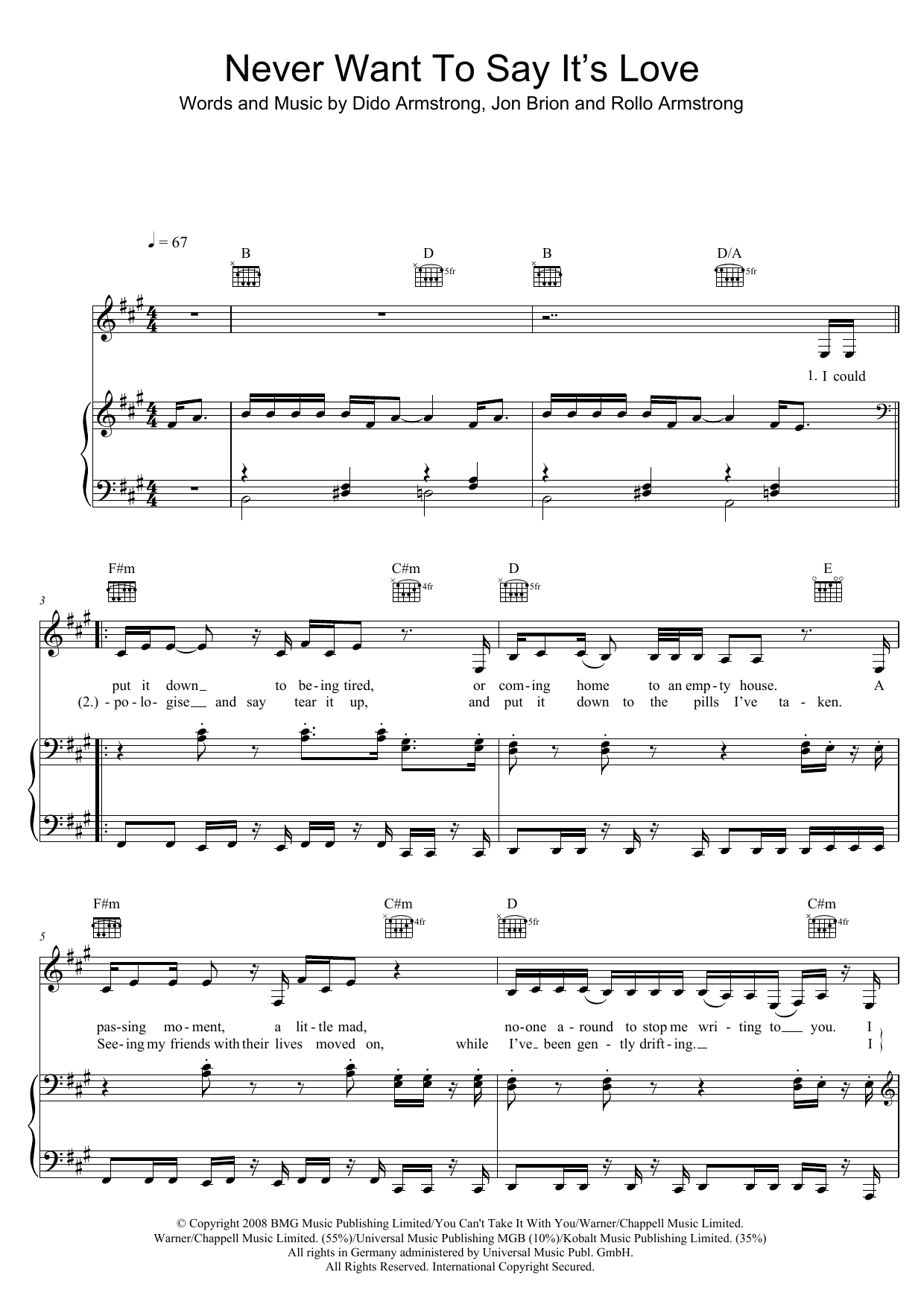 Dido Never Want To Say It's Love sheet music notes and chords arranged for Piano, Vocal & Guitar Chords (Right-Hand Melody)