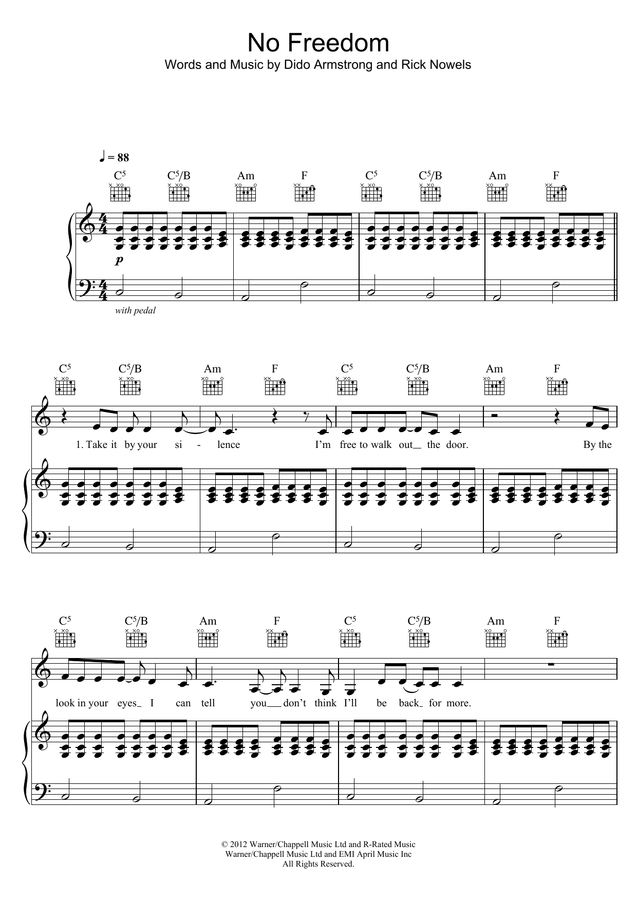 Dido No Freedom sheet music notes and chords arranged for Piano, Vocal & Guitar Chords (Right-Hand Melody)