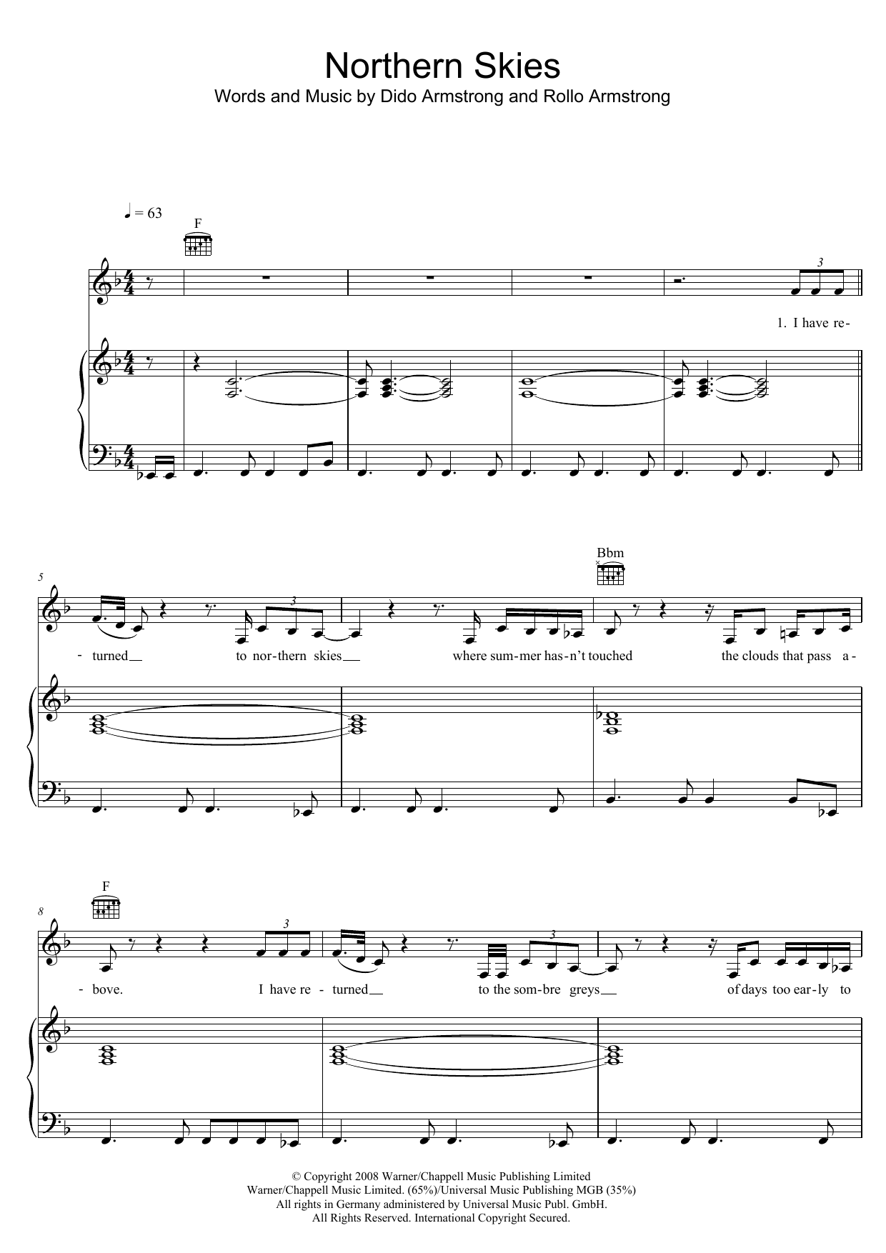 Dido Northern Skies sheet music notes and chords arranged for Piano, Vocal & Guitar Chords (Right-Hand Melody)