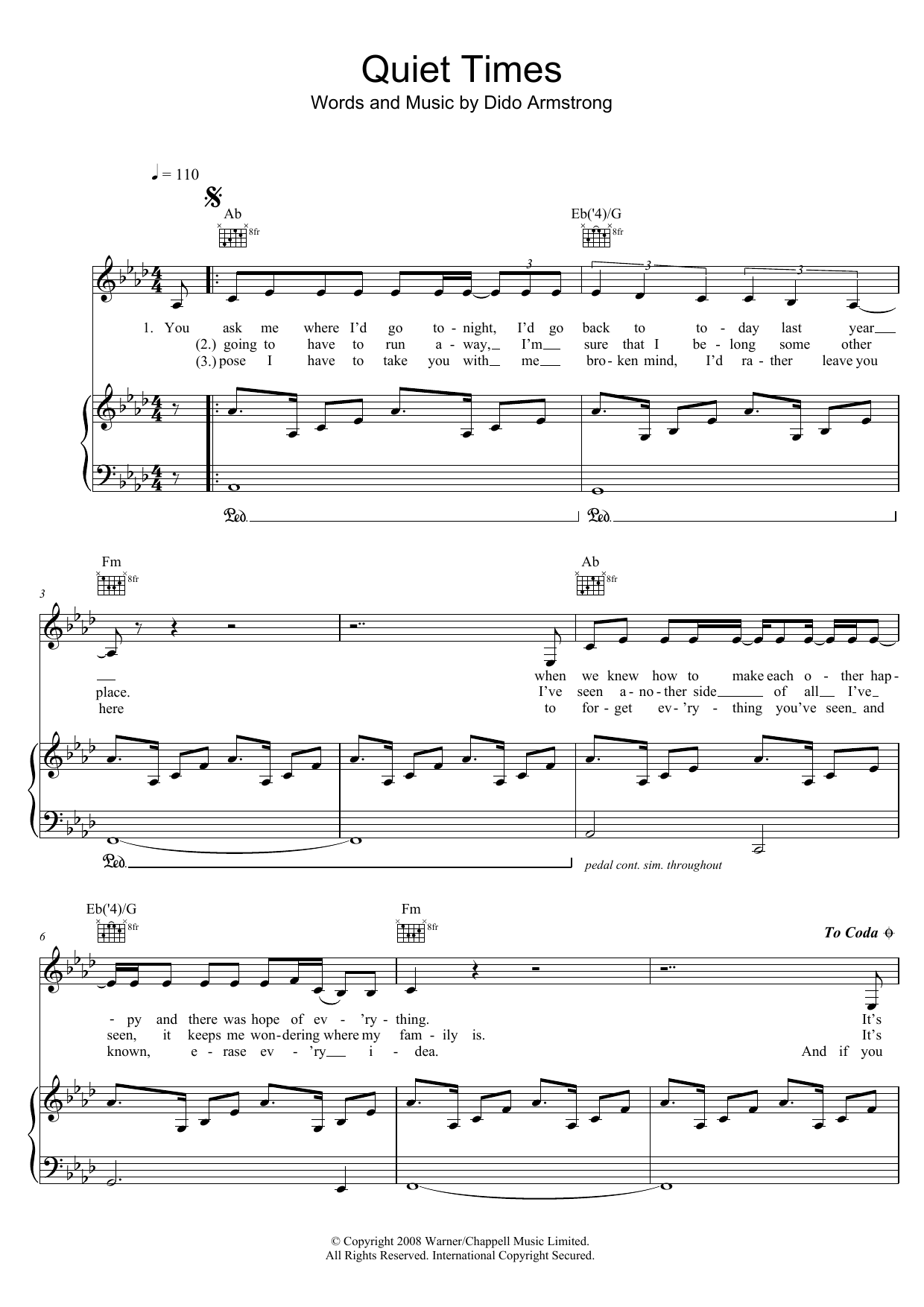 Dido Quiet Times sheet music notes and chords arranged for Piano, Vocal & Guitar Chords (Right-Hand Melody)