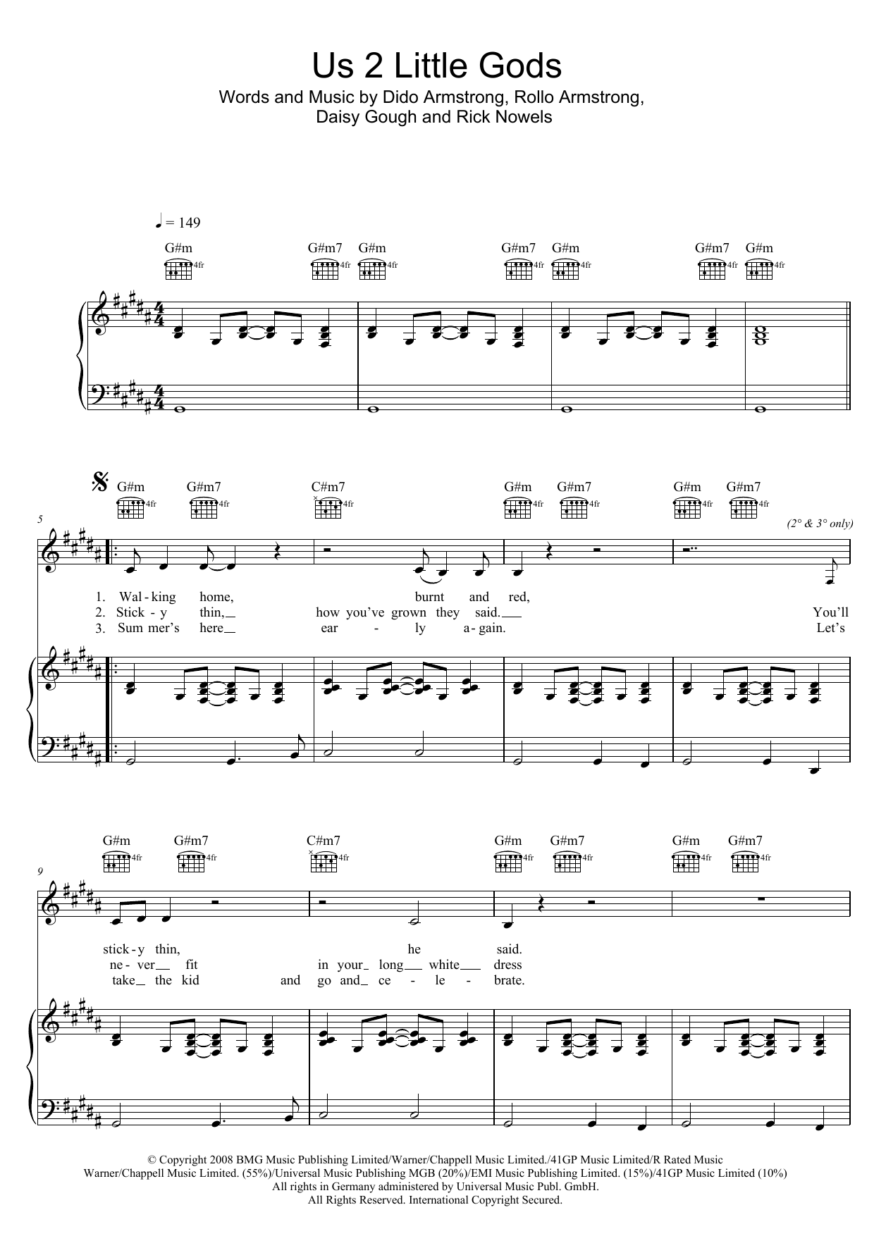 Dido Us 2 Little Gods sheet music notes and chords arranged for Piano, Vocal & Guitar Chords (Right-Hand Melody)
