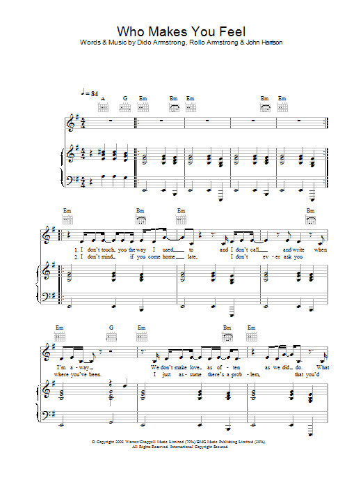 Dido Who Makes You Feel sheet music notes and chords arranged for Piano, Vocal & Guitar Chords