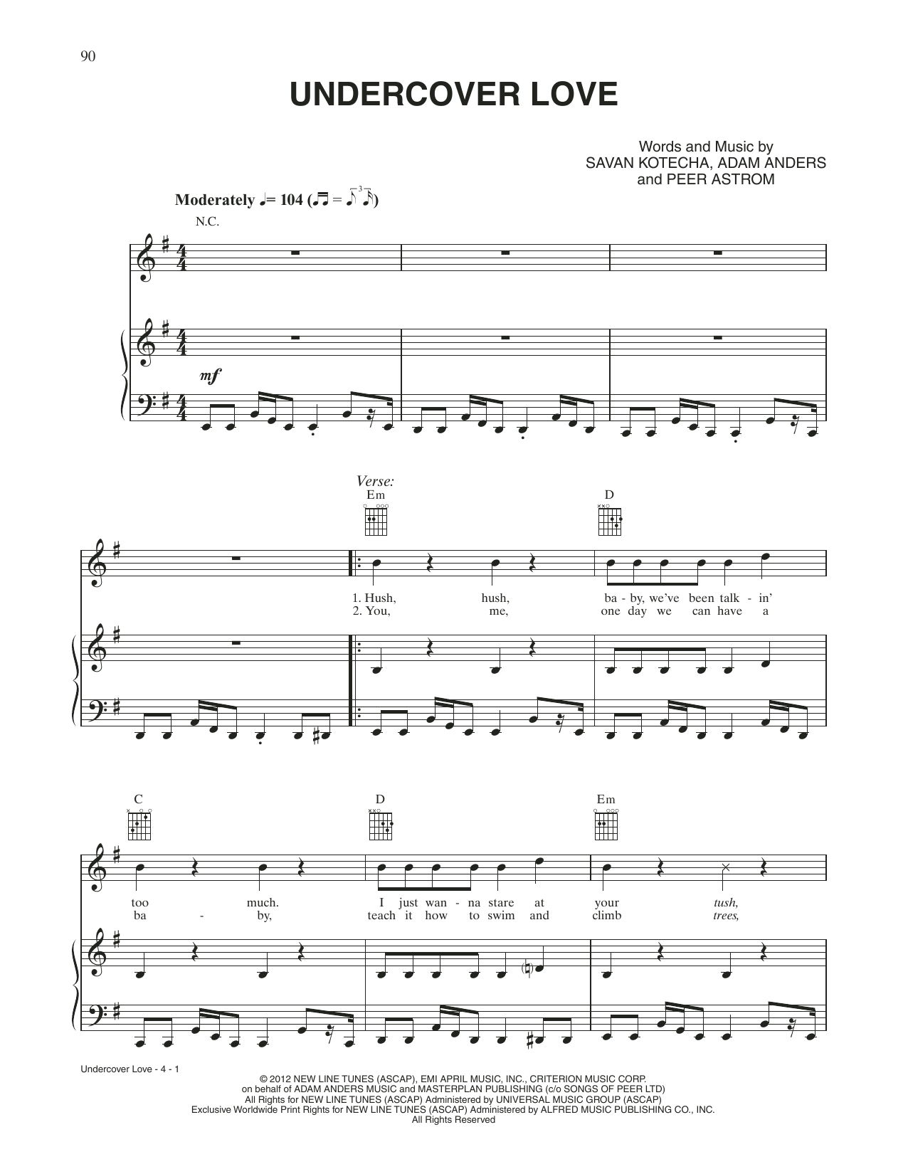 Diego Boneta Undercover Love (from Rock Of Ages) sheet music notes and chords arranged for Piano, Vocal & Guitar Chords (Right-Hand Melody)