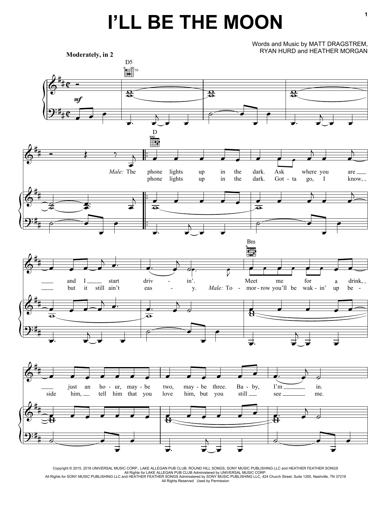 Dierks Bentley & Maren Morris I'll Be The Moon sheet music notes and chords arranged for Piano, Vocal & Guitar Chords (Right-Hand Melody)