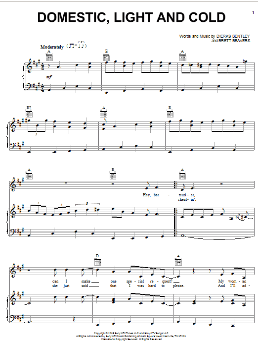 Dierks Bentley Domestic, Light And Cold sheet music notes and chords arranged for Piano, Vocal & Guitar Chords (Right-Hand Melody)