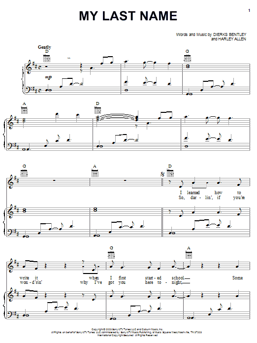 Dierks Bentley My Last Name sheet music notes and chords arranged for Piano, Vocal & Guitar Chords (Right-Hand Melody)