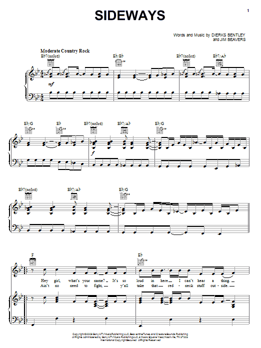 Dierks Bentley Sideways sheet music notes and chords arranged for Piano, Vocal & Guitar Chords (Right-Hand Melody)