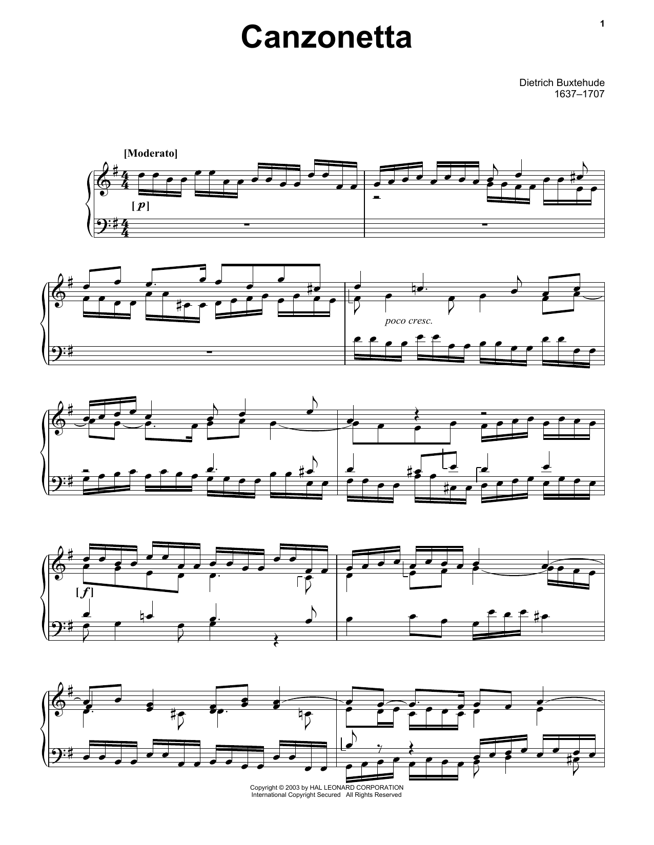 Dietrich Buxtehude Canzonetta In D Major sheet music notes and chords arranged for Piano Solo