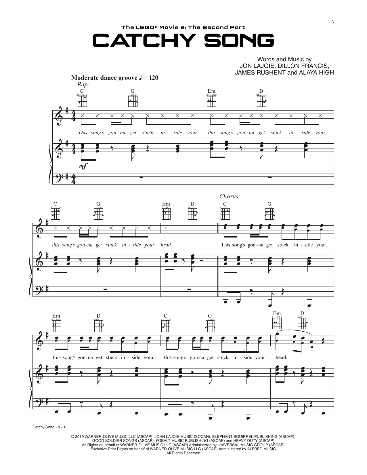 Dillon Francis Catchy Song (from The Lego Movie 2) (feat. T-Pain & That Girl Lay Lay) sheet music notes and chords arranged for Piano, Vocal & Guitar Chords (Right-Hand Melody)