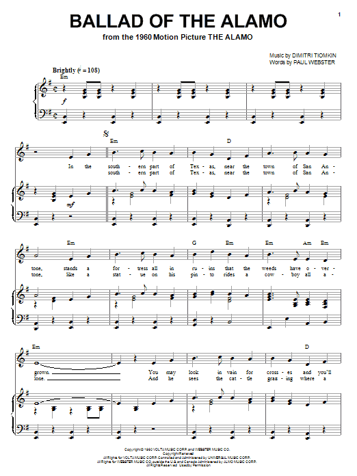 Dimitri Tiomkin Ballad Of The Alamo sheet music notes and chords arranged for Piano, Vocal & Guitar Chords (Right-Hand Melody)