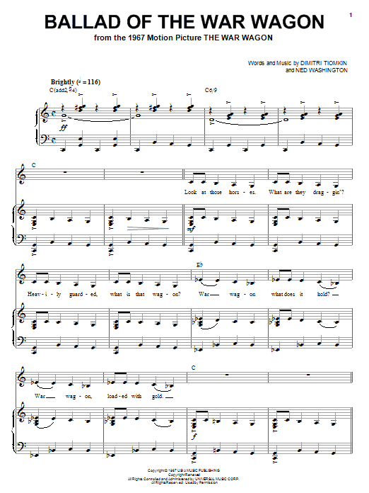 Dimitri Tiomkin Ballad Of The War Wagon sheet music notes and chords arranged for Piano, Vocal & Guitar Chords (Right-Hand Melody)