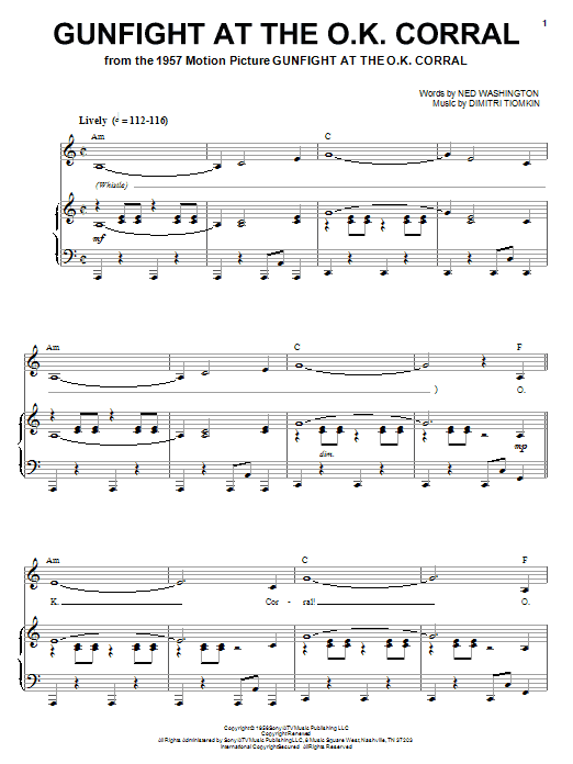 Dimitri Tiomkin Gunfight At The O.K. Corral sheet music notes and chords arranged for Piano, Vocal & Guitar Chords (Right-Hand Melody)