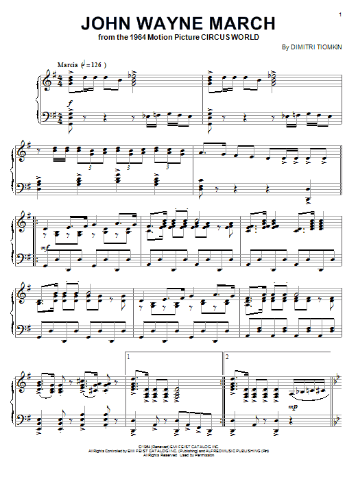 Dimitri Tiomkin John Wayne March sheet music notes and chords arranged for Piano Solo