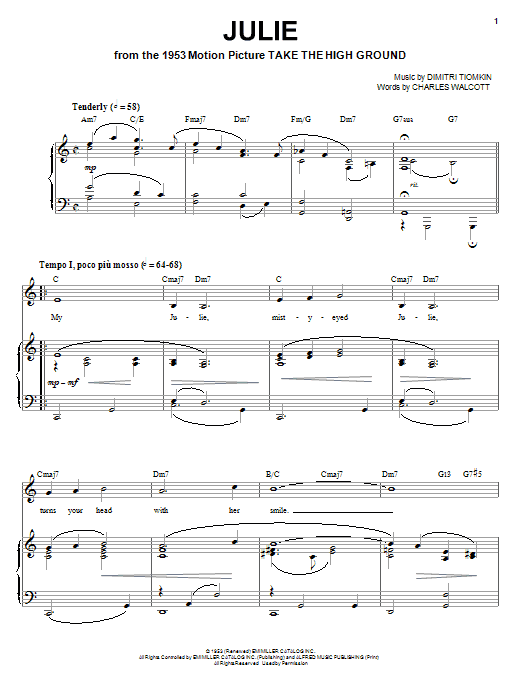 Dimitri Tiomkin Julie sheet music notes and chords arranged for Piano, Vocal & Guitar Chords (Right-Hand Melody)