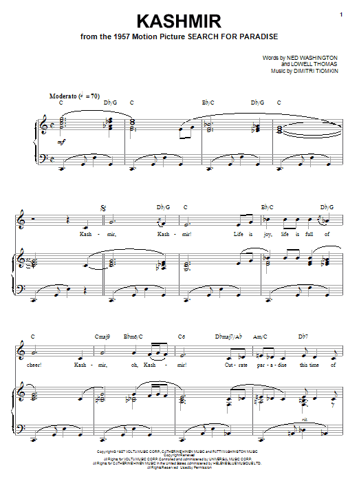 Dimitri Tiomkin Kashmir sheet music notes and chords arranged for Piano, Vocal & Guitar Chords (Right-Hand Melody)