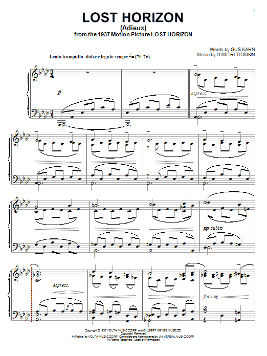 Dimitri Tiomkin Lost Horizon sheet music notes and chords arranged for Piano Solo