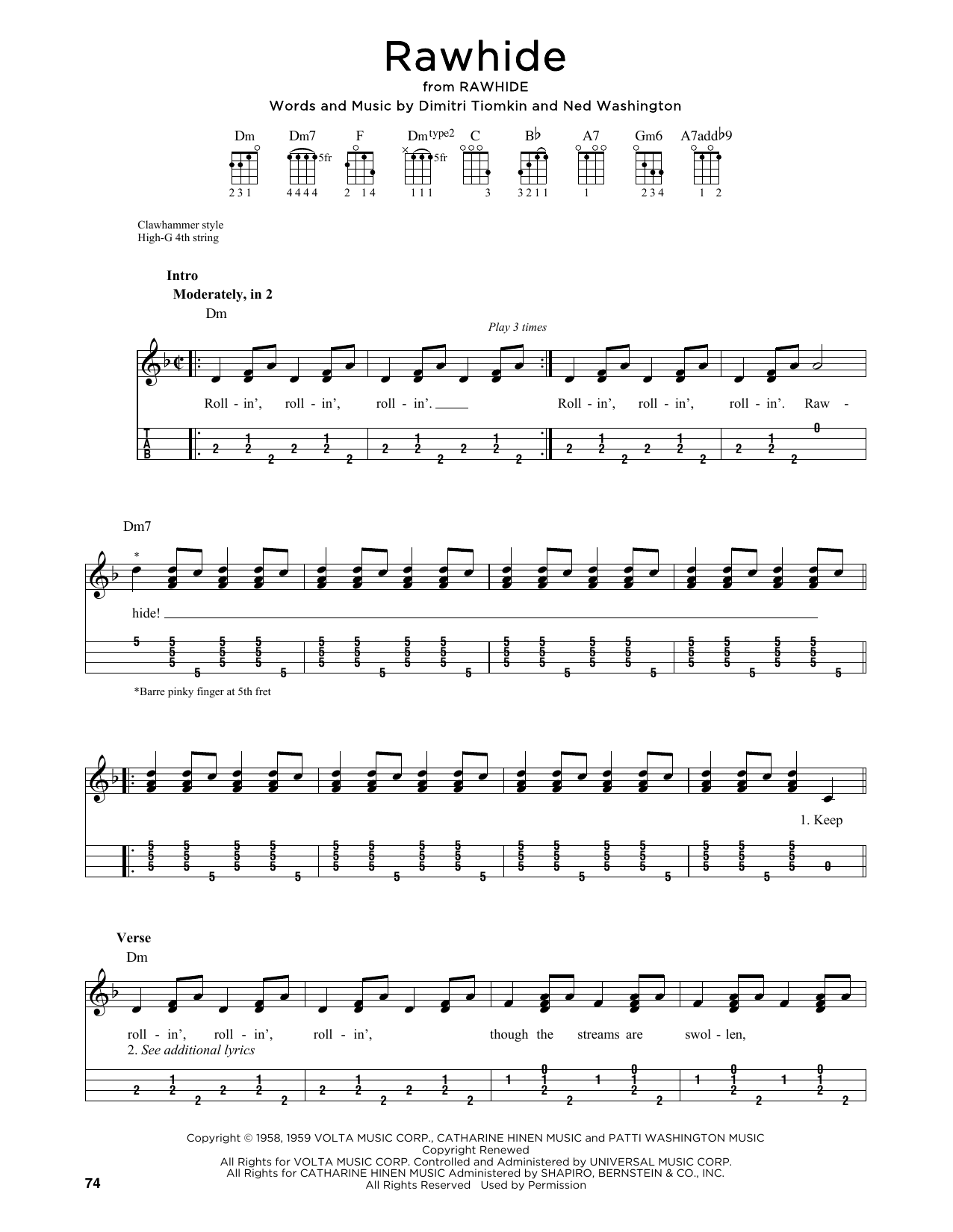 Dimitri Tiomkin Rawhide (arr. Jim Schustedt) sheet music notes and chords arranged for Ukulele