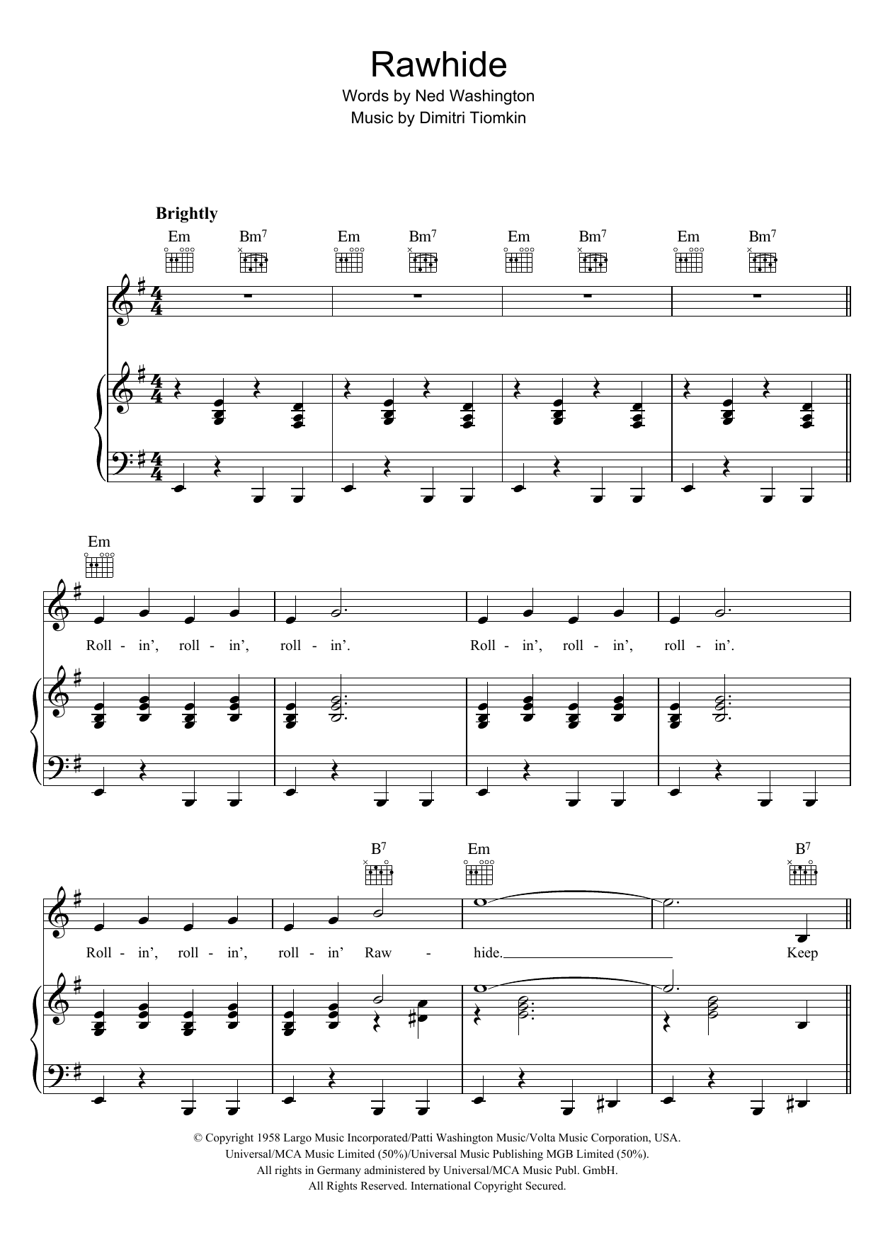 Dimitri Tiomkin Rawhide sheet music notes and chords arranged for Piano, Vocal & Guitar Chords