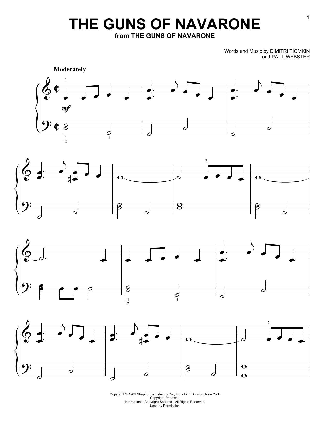Dimitri Tiomkin The Guns Of Navarone (from The Guns of Navarone) sheet music notes and chords arranged for Very Easy Piano