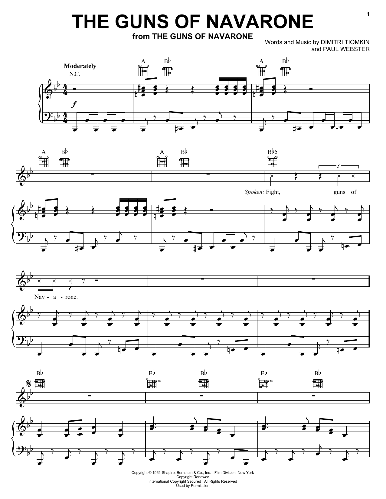 Dimitri Tiomkin The Guns Of Navarone sheet music notes and chords arranged for Piano Solo