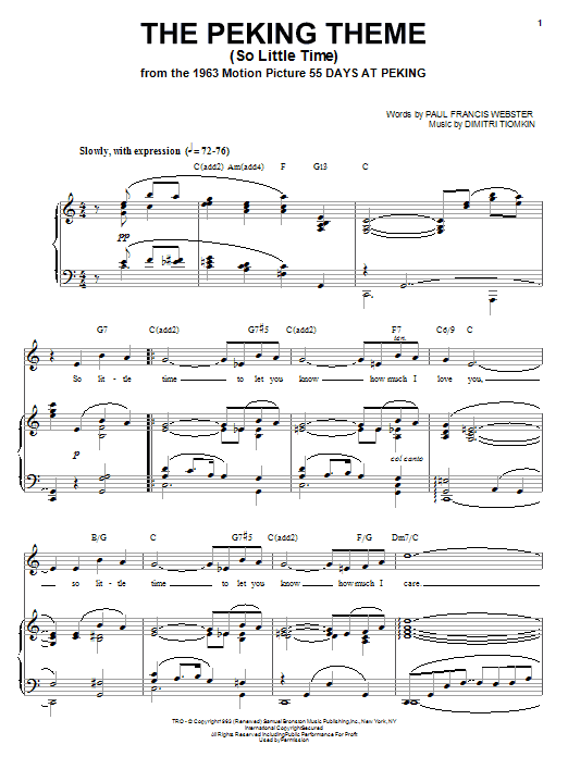 Dimitri Tiomkin The Peking Theme (So Little Time) sheet music notes and chords arranged for Piano, Vocal & Guitar Chords (Right-Hand Melody)