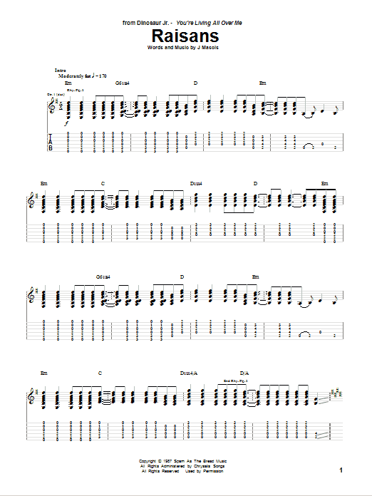 Dinosaur Jr. Raisans sheet music notes and chords arranged for Guitar Tab
