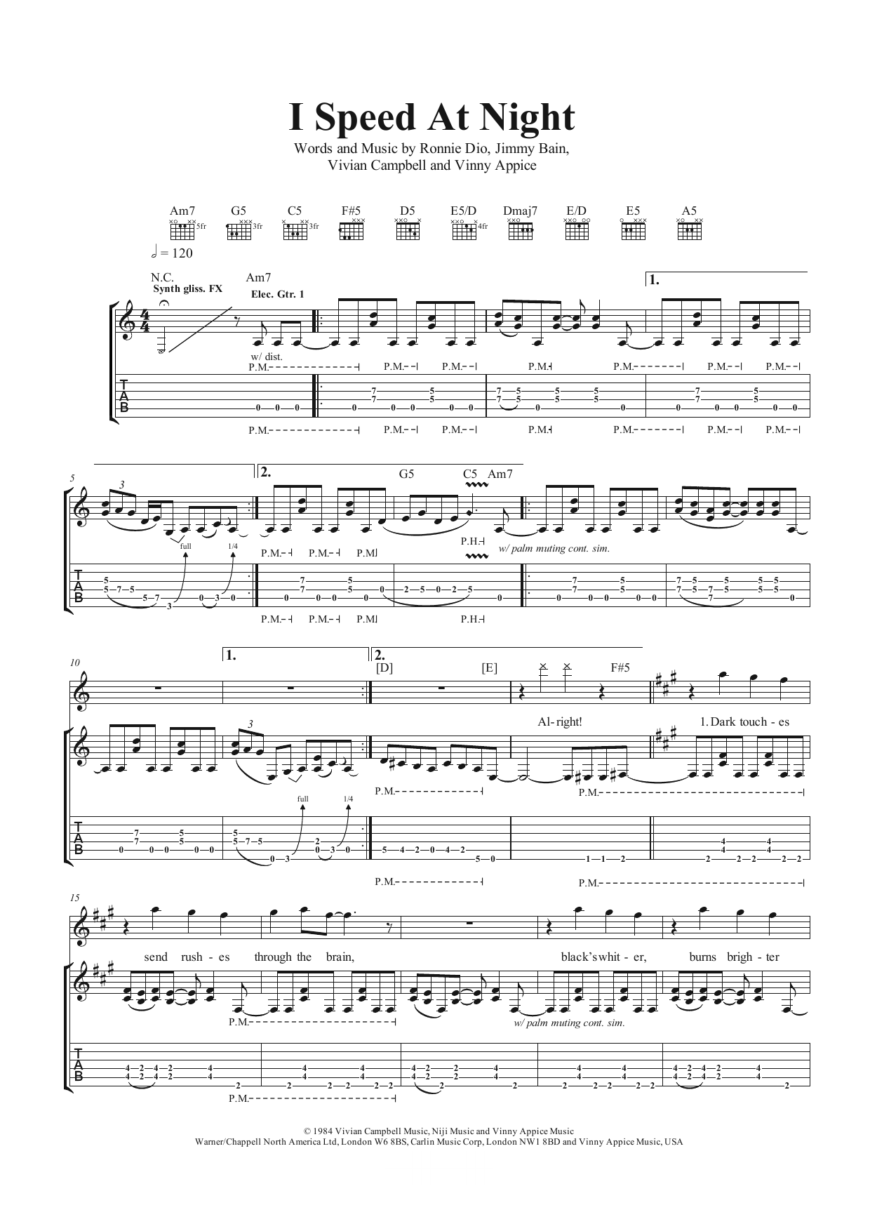 Dio I Speed At Night sheet music notes and chords arranged for Guitar Tab