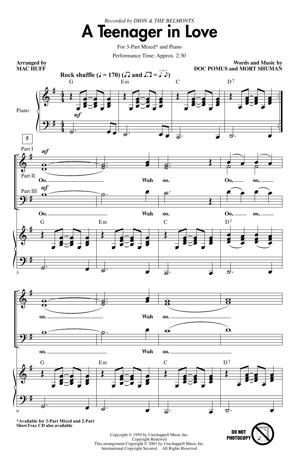 Dion & The Belmonts A Teenager In Love (arr. Mac Huff) sheet music notes and chords arranged for 3-Part Mixed Choir