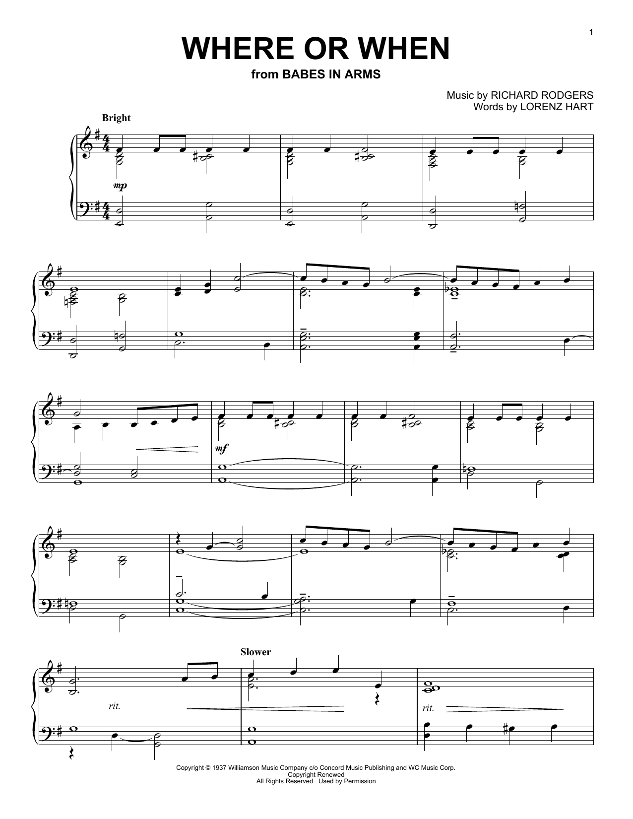 Dion & The Belmonts Where Or When (from Babes In Arms) sheet music notes and chords arranged for Piano Solo