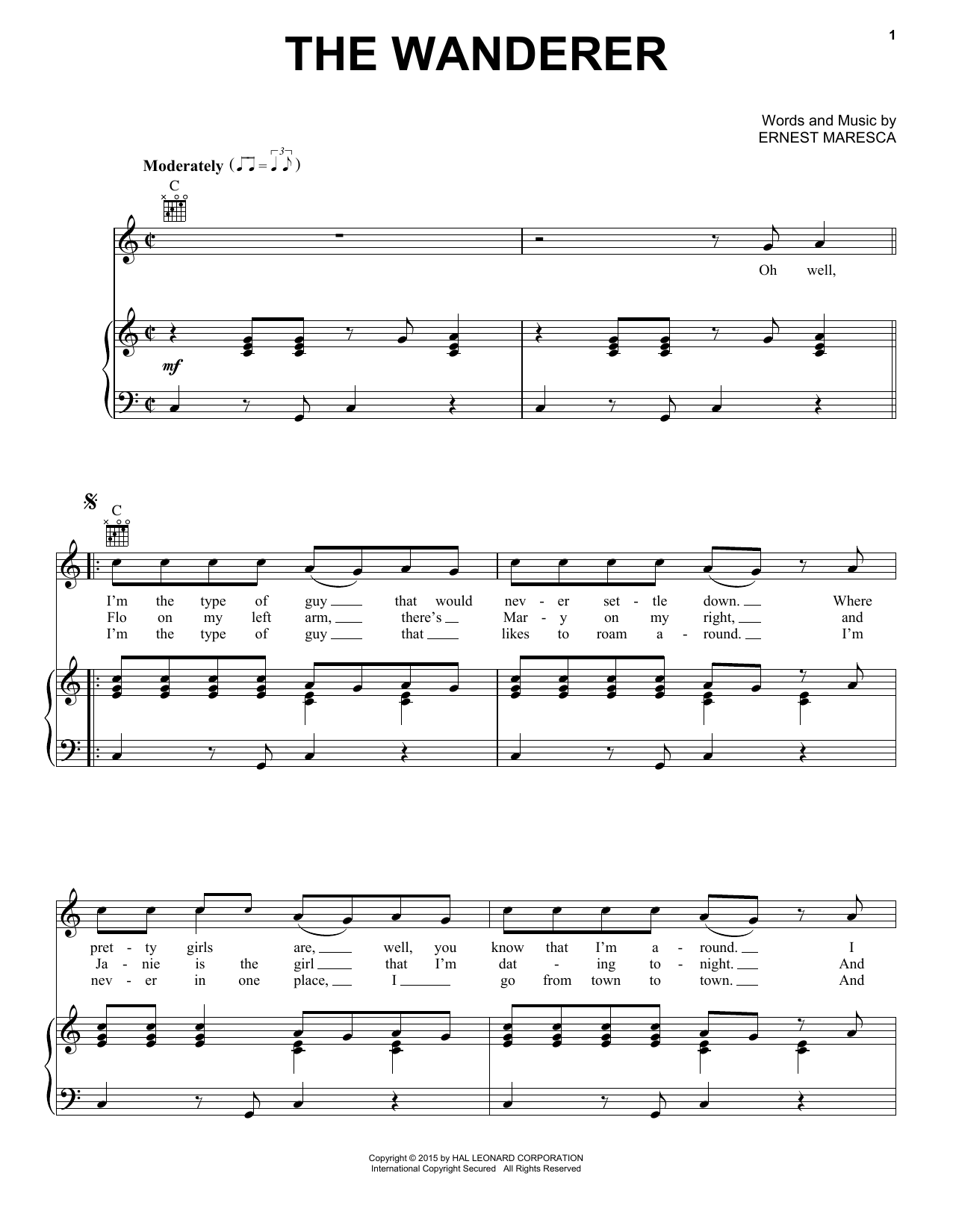Dion The Wanderer sheet music notes and chords arranged for Piano, Vocal & Guitar Chords (Right-Hand Melody)