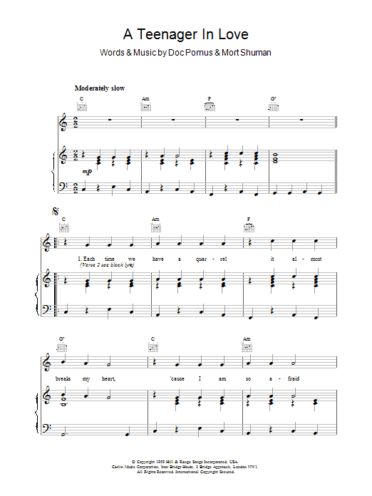 Dion & The Belmonts A Teenager In Love sheet music notes and chords. Download Printable PDF.