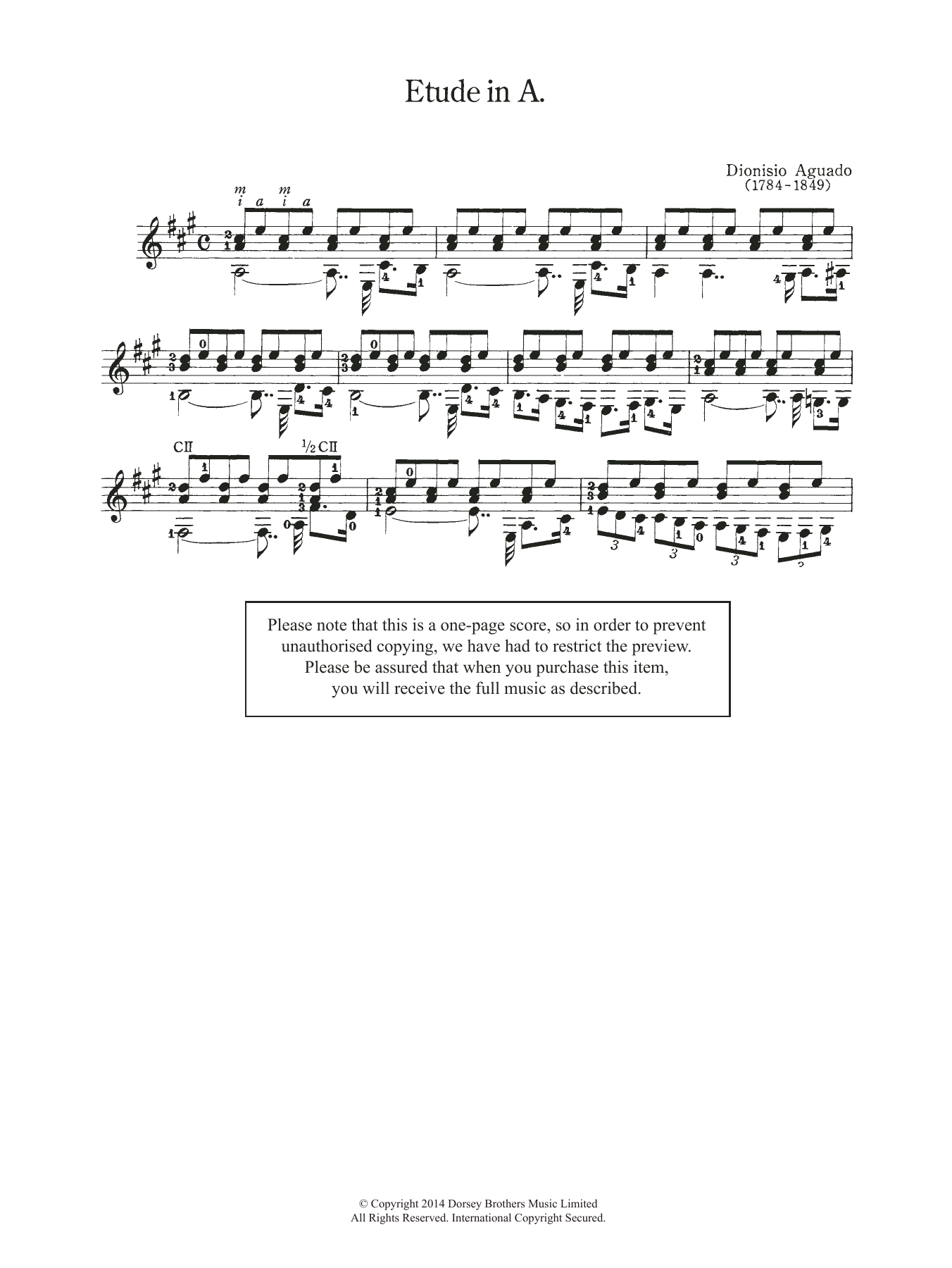 Dionisio Aguado Etude In A sheet music notes and chords arranged for Easy Guitar