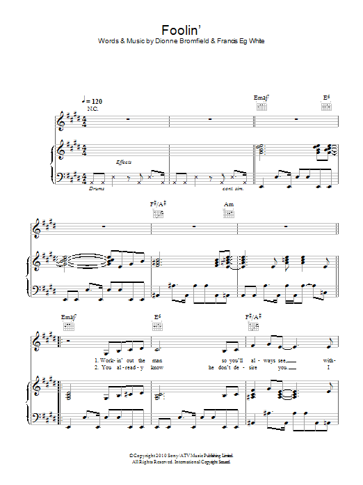 Dionne Bromfield Foolin' sheet music notes and chords arranged for Piano, Vocal & Guitar Chords