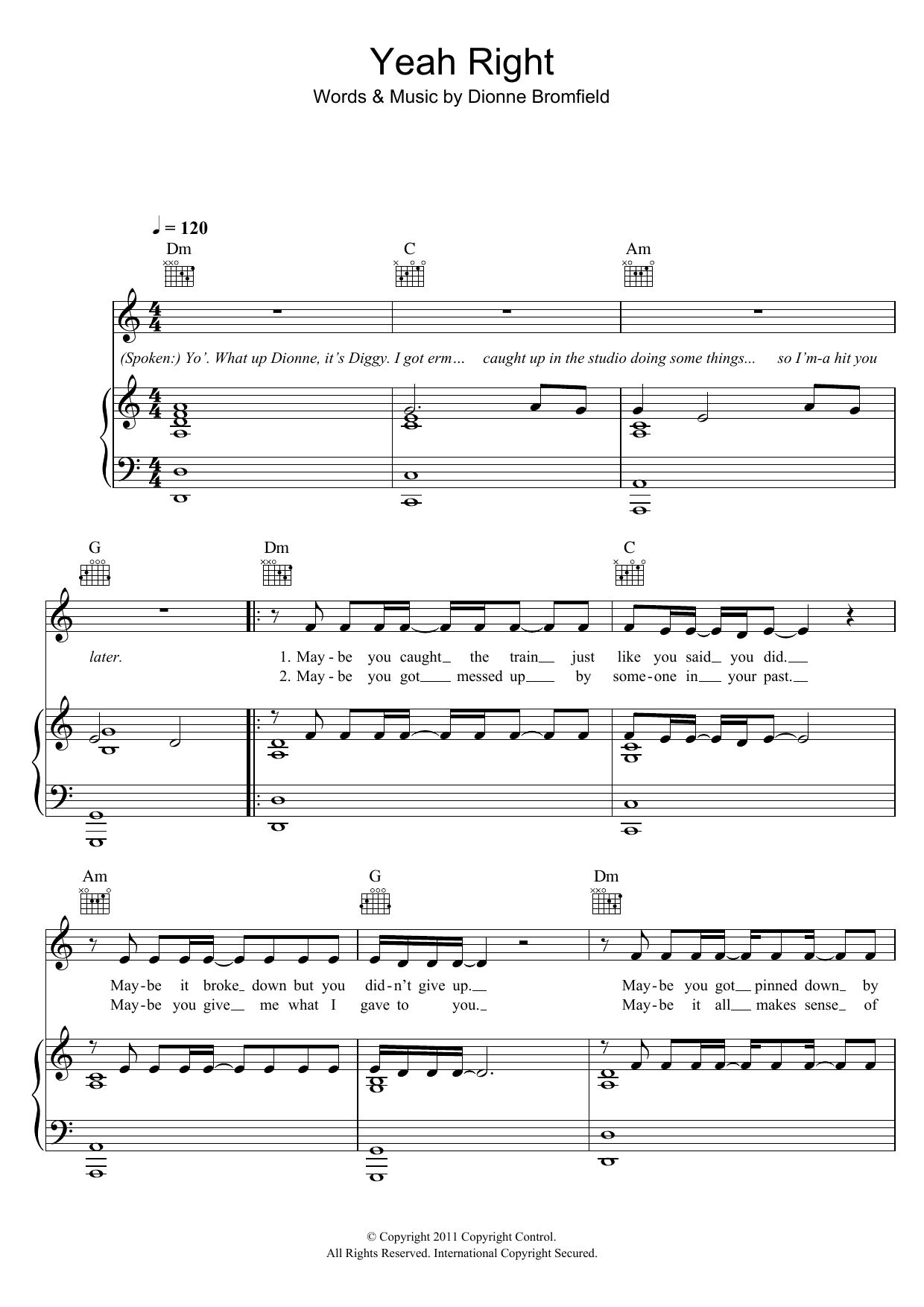 Dionne Bromfield Yeah Right sheet music notes and chords arranged for Piano, Vocal & Guitar Chords