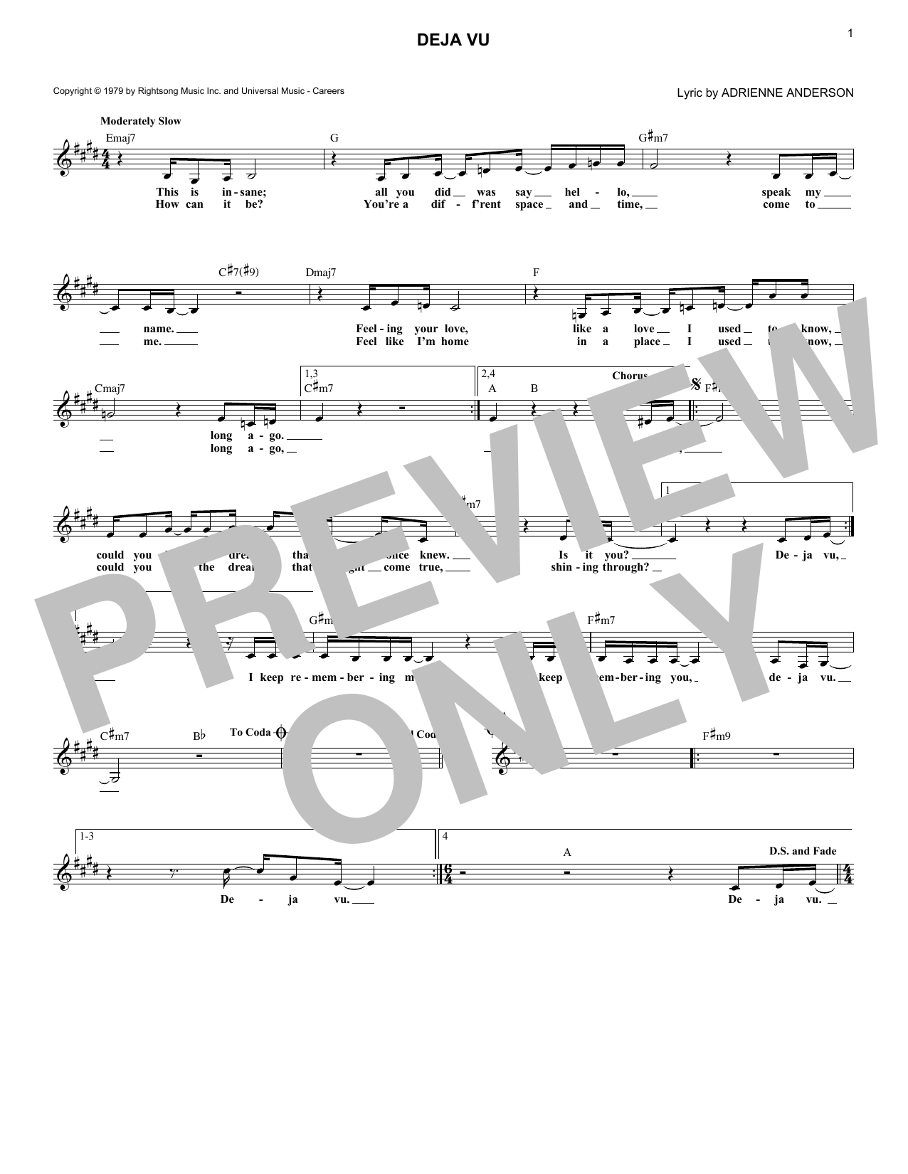 Dionne Warwick Deja Vu sheet music notes and chords arranged for Lead Sheet / Fake Book
