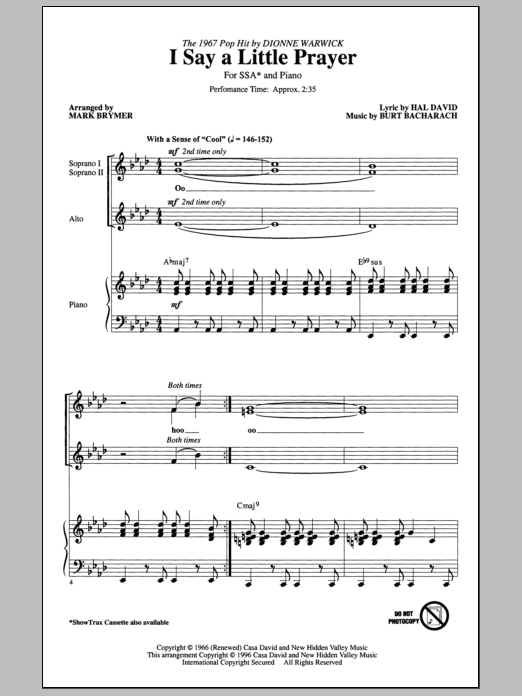 Dionne Warwick I Say A Little Prayer (arr. Mark Brymer) sheet music notes and chords arranged for SSA Choir