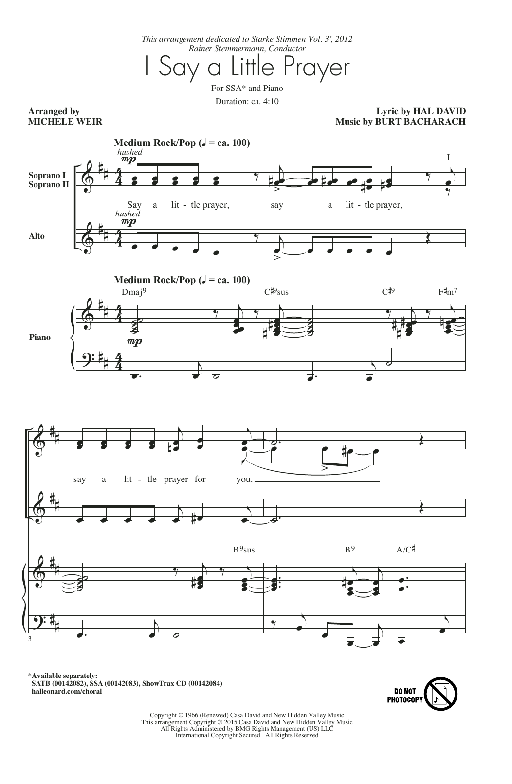 Dionne Warwick I Say A Little Prayer (arr. Michele Weir) sheet music notes and chords arranged for SSA Choir