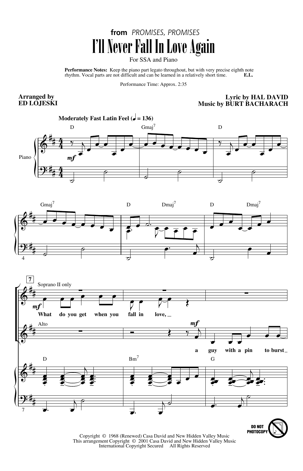 Dionne Warwick I'll Never Fall In Love Again (arr. Ed Lojeski) sheet music notes and chords arranged for SSA Choir