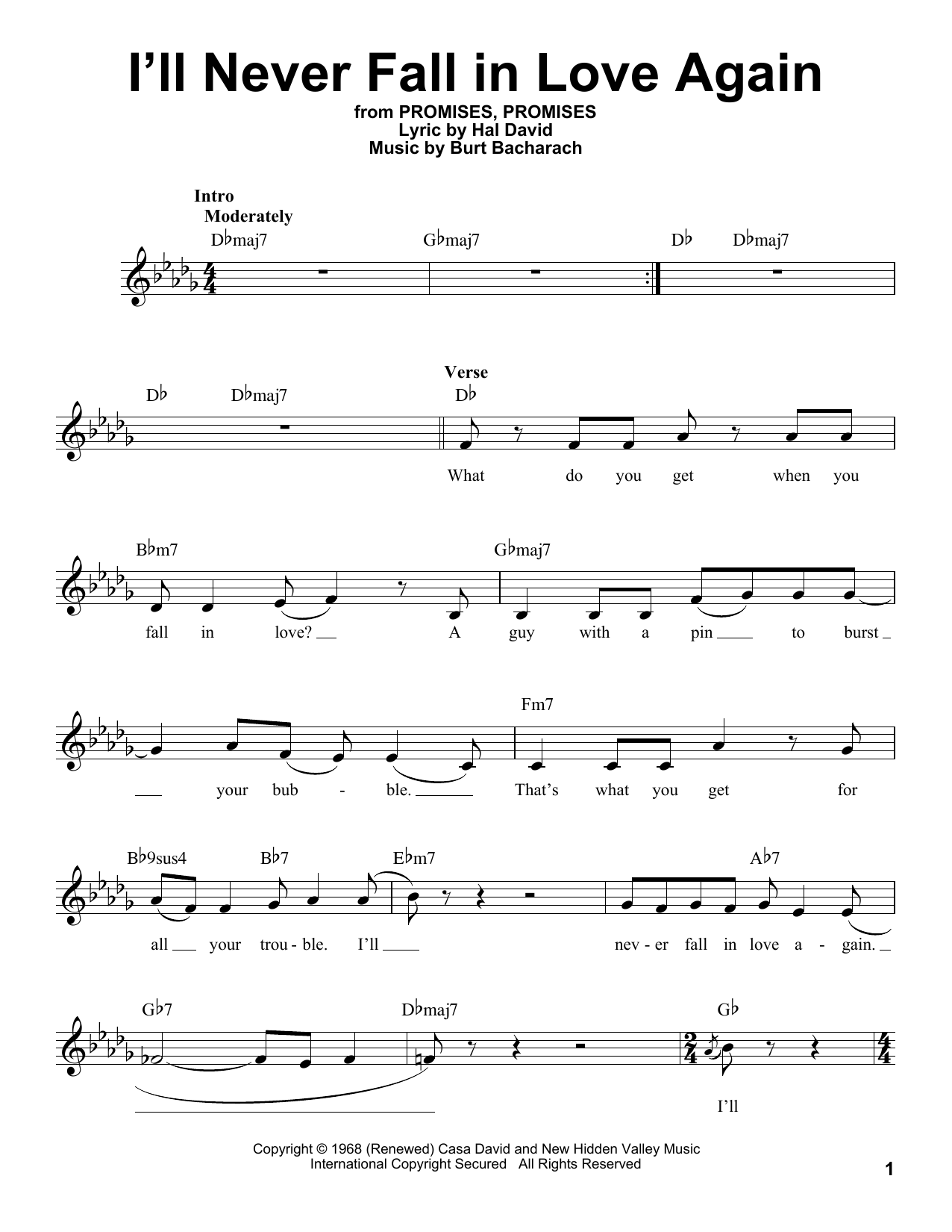 Dionne Warwick I'll Never Fall In Love Again sheet music notes and chords arranged for Real Book – Melody & Chords