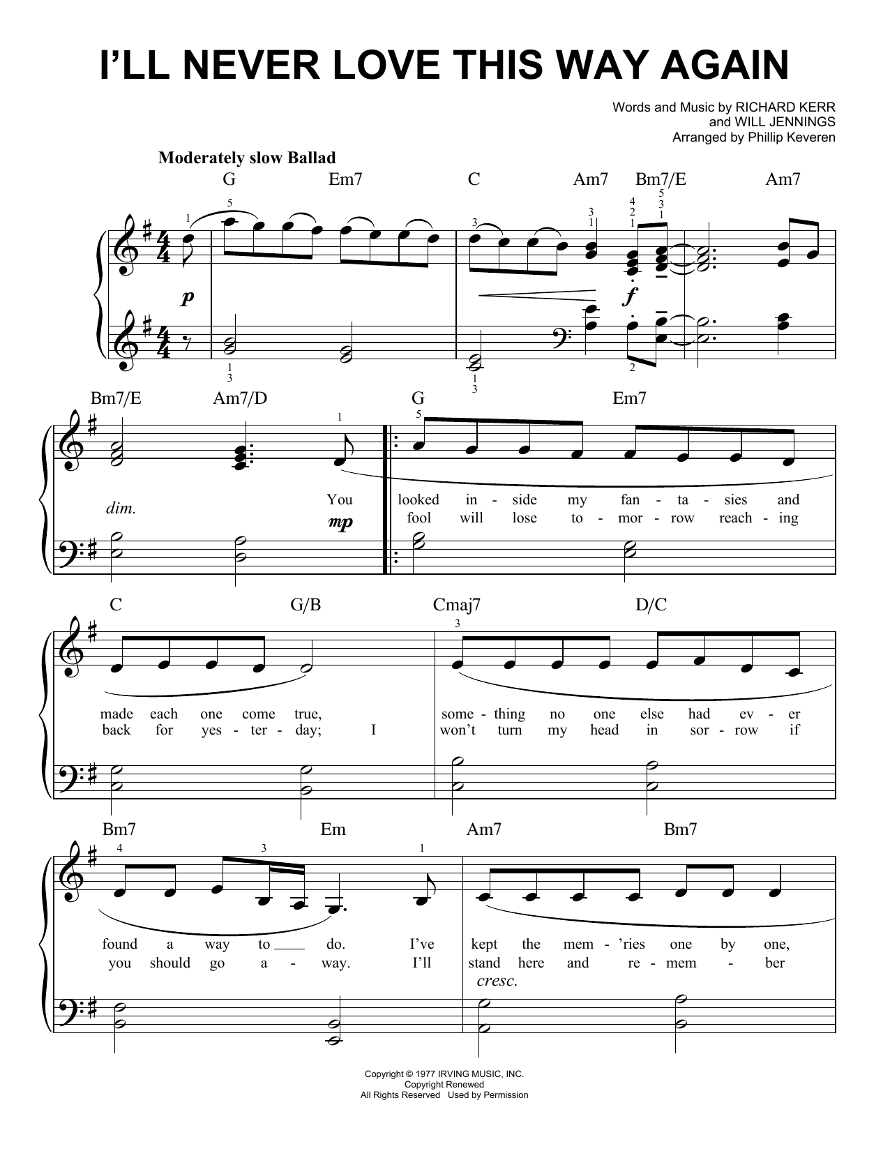 Dionne Warwick I'll Never Love This Way Again (arr. Phillip Keveren) sheet music notes and chords arranged for Easy Piano