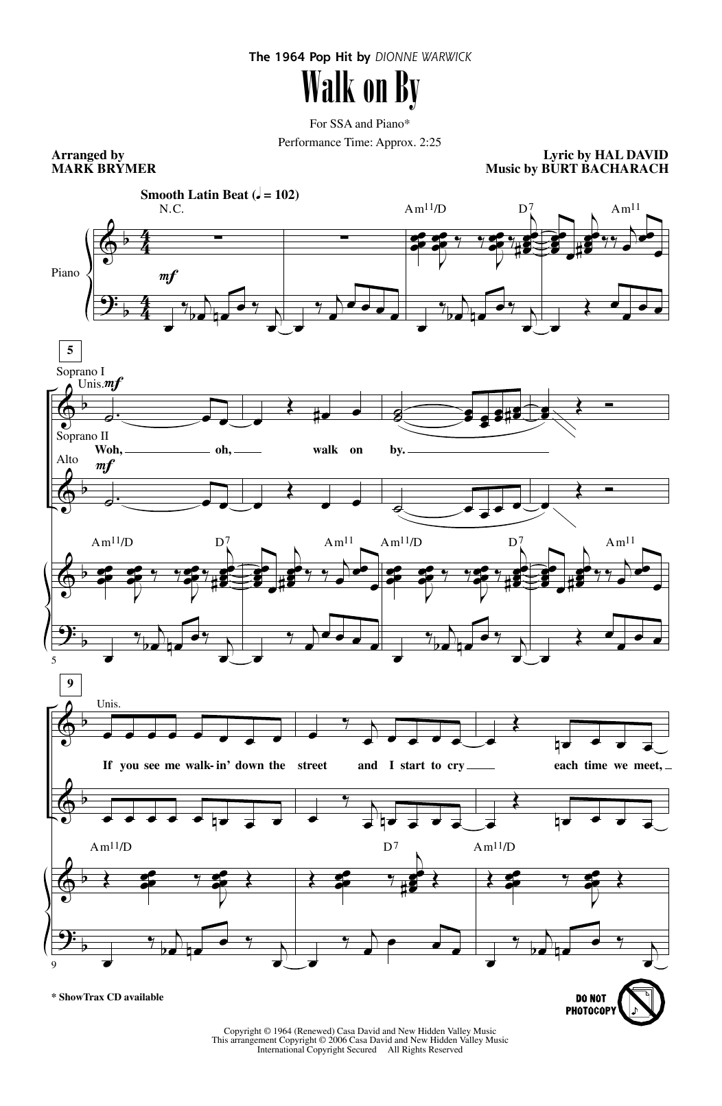 Dionne Warwick Walk On By (arr. Mark Brymer) sheet music notes and chords arranged for SSA Choir