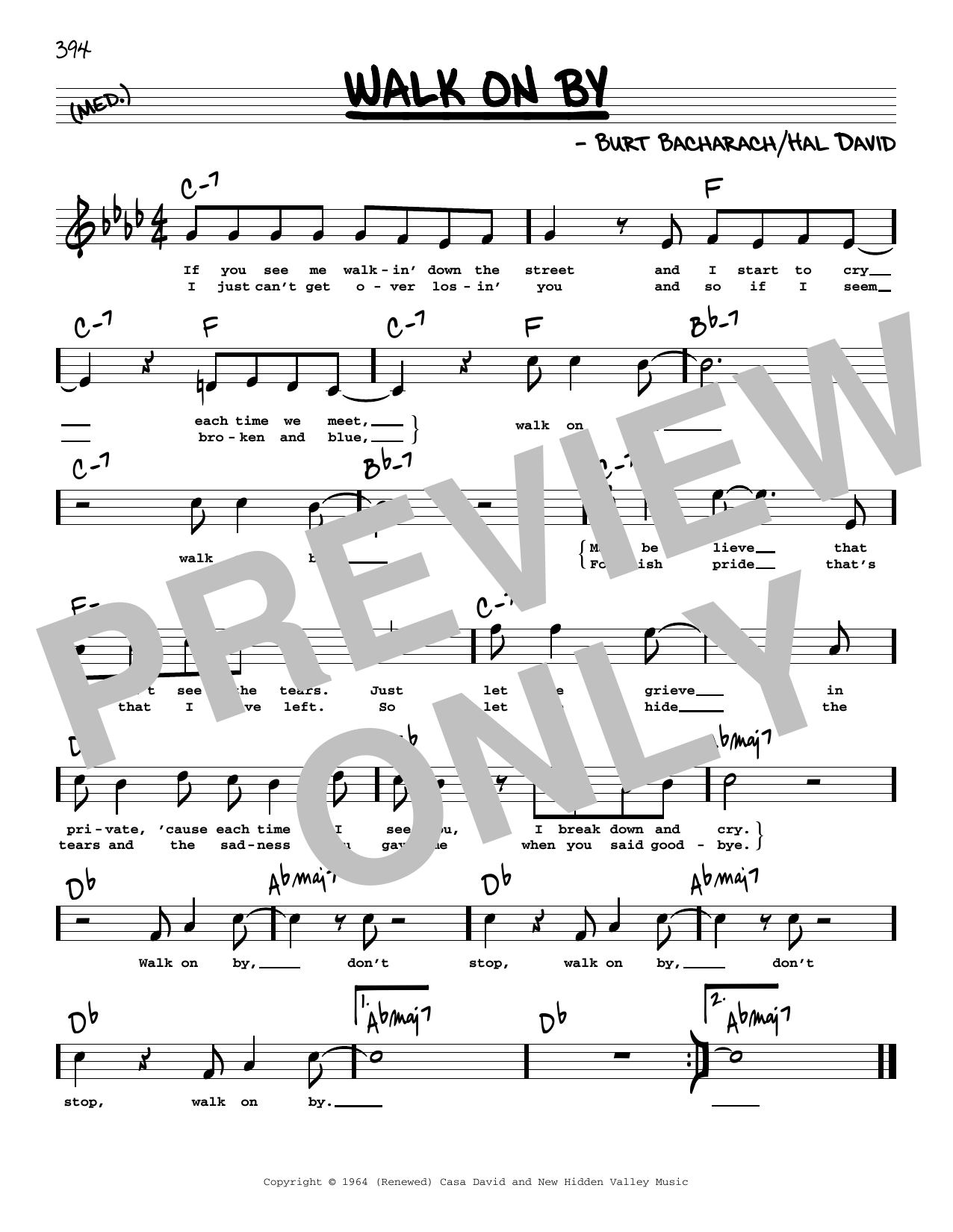 Dionne Warwick Walk On By (High Voice) sheet music notes and chords arranged for Real Book – Melody, Lyrics & Chords