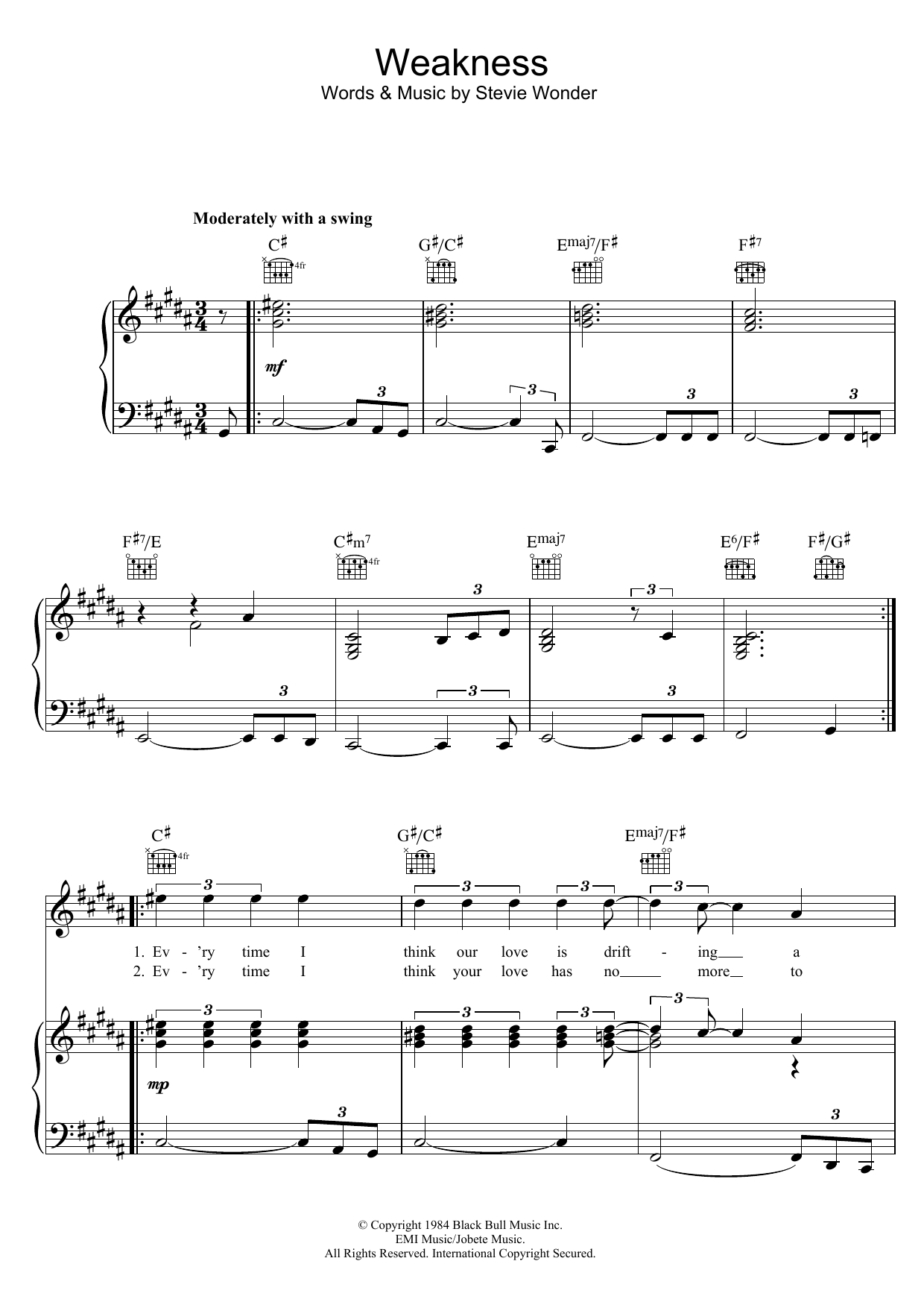 Dionne Warwick Weakness sheet music notes and chords arranged for Piano, Vocal & Guitar Chords