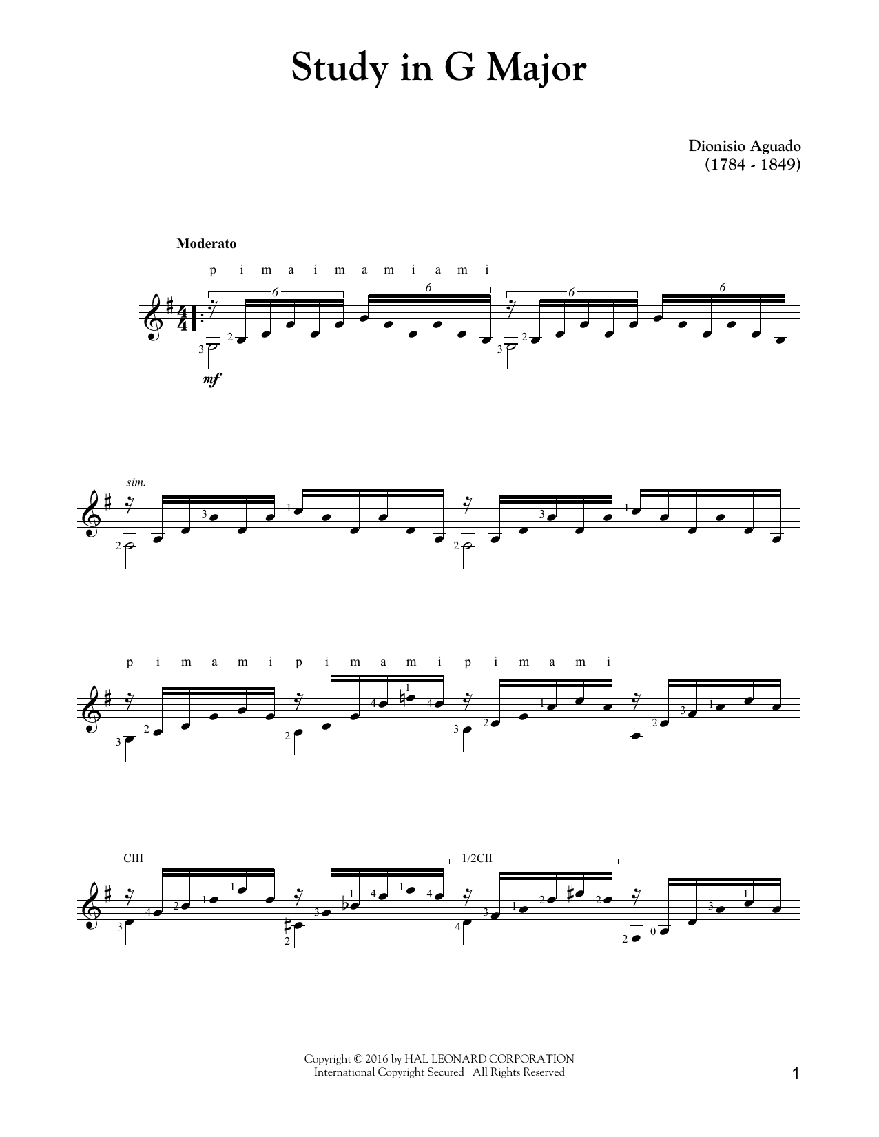 Dionysio Aguado Study In G Major sheet music notes and chords arranged for Solo Guitar