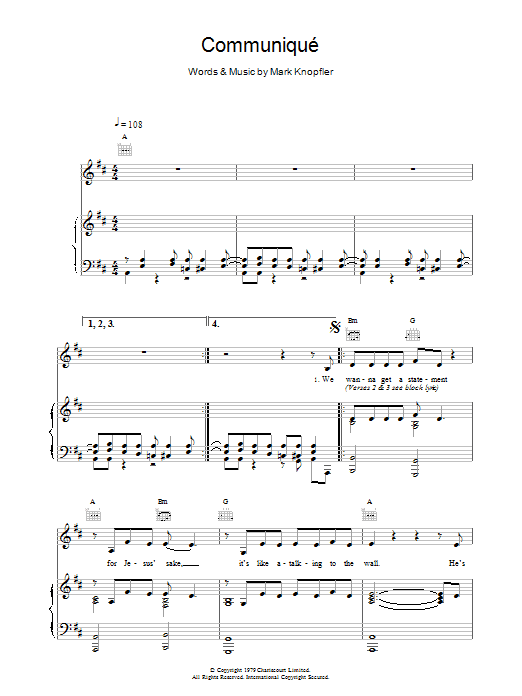 Dire Straits Communique sheet music notes and chords arranged for Piano, Vocal & Guitar Chords